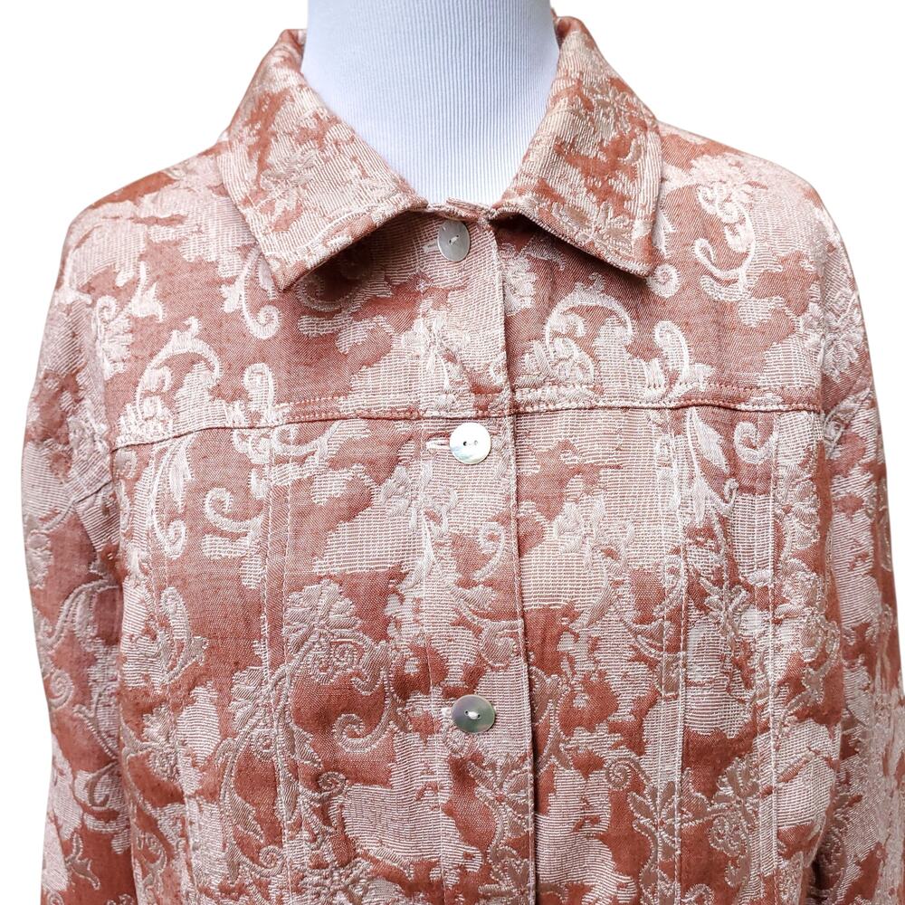 Chico's Sz 2 Red Tan Floral Damask Tapestry Jacket Pockets Collar Chicos Sz L 12 - Picture 2 of 14
